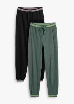 bonprix Hosen|Sweat^Sweathose aus Baumwoll-Mix, 2er Pack schwarz+dunkelgrün meliert