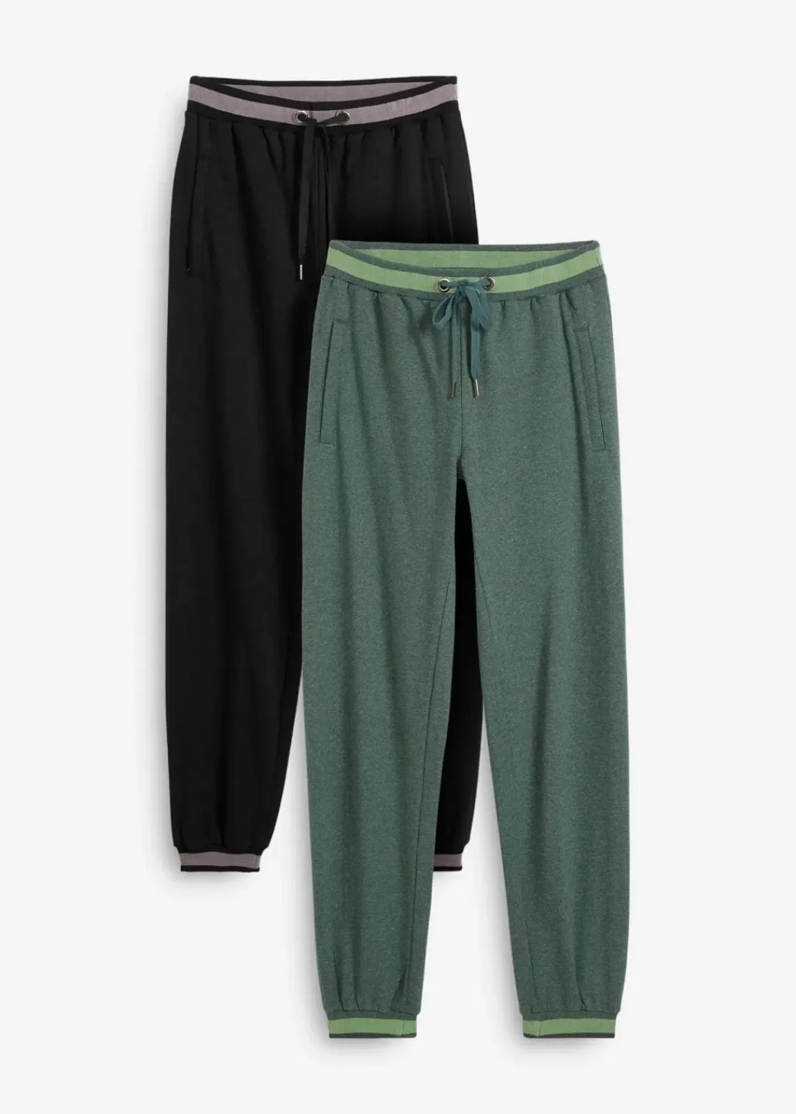 bonprix Hosen|Sweat^Sweathose aus Baumwoll-Mix, 2er Pack schwarz+dunkelgrün meliert