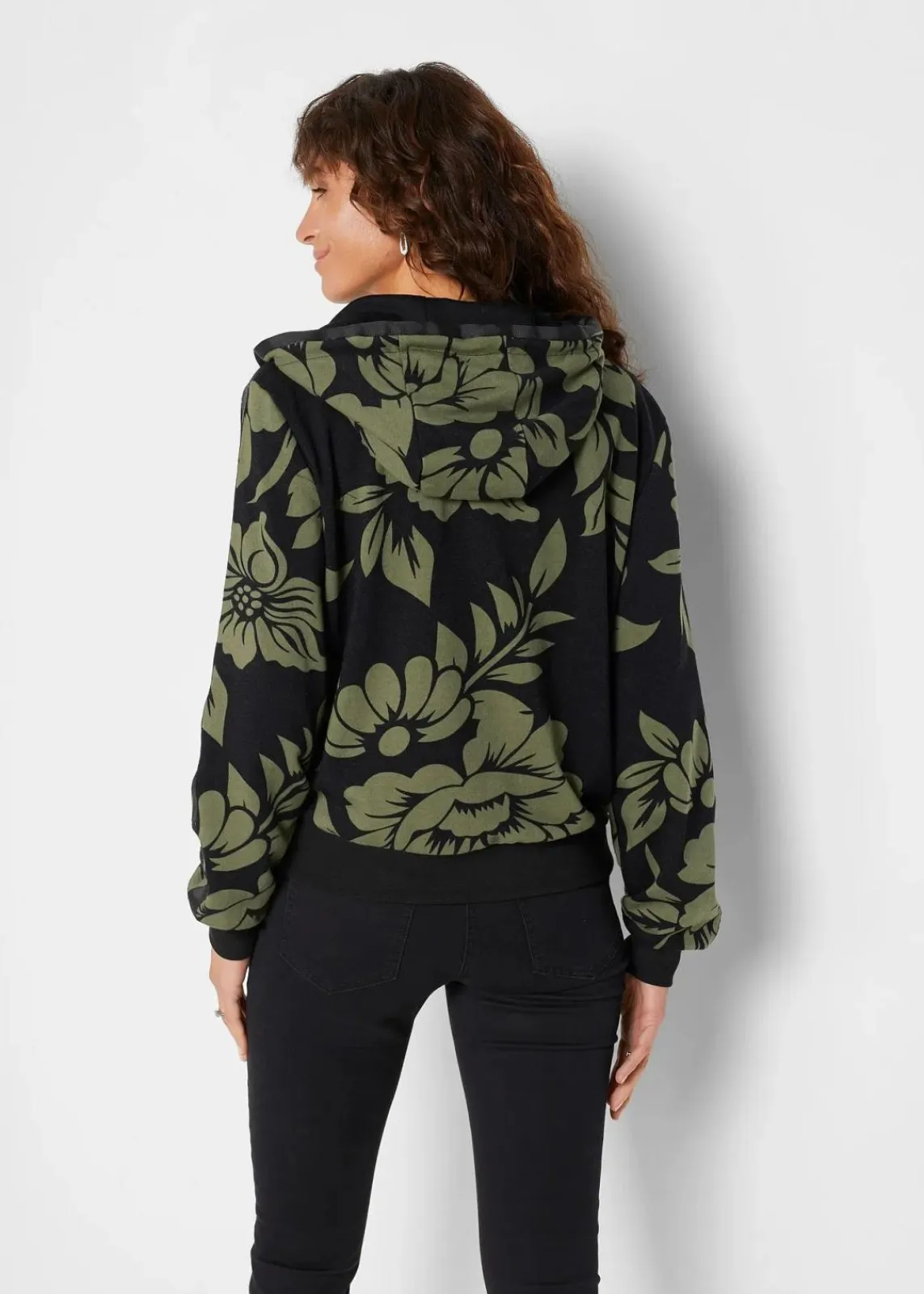 bonprix Bekleidung·Blusen & Tuniken|Sweat^Sweatjacke mit Baumwolle schwarz/grün geblümt