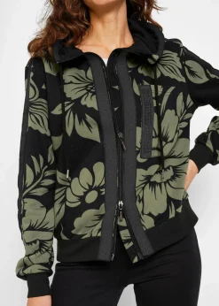 bonprix Bekleidung·Blusen & Tuniken|Sweat^Sweatjacke mit Baumwolle schwarz/grün geblümt