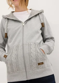 bonprix Bekleidung·Blusen & Tuniken|Nachhaltigere Materialien^Sweatjacke mit Strickkapuze und Tasche hellgrau meliert