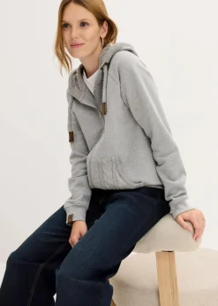 bonprix Bekleidung·Blusen & Tuniken|Nachhaltigere Materialien^Sweatjacke mit Strickkapuze und Tasche hellgrau meliert
