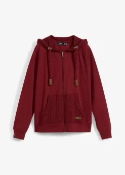 bonprix Sweat|Nachhaltigere Materialien^Sweatjacke mit Strickkapuze und Tasche rubinrot
