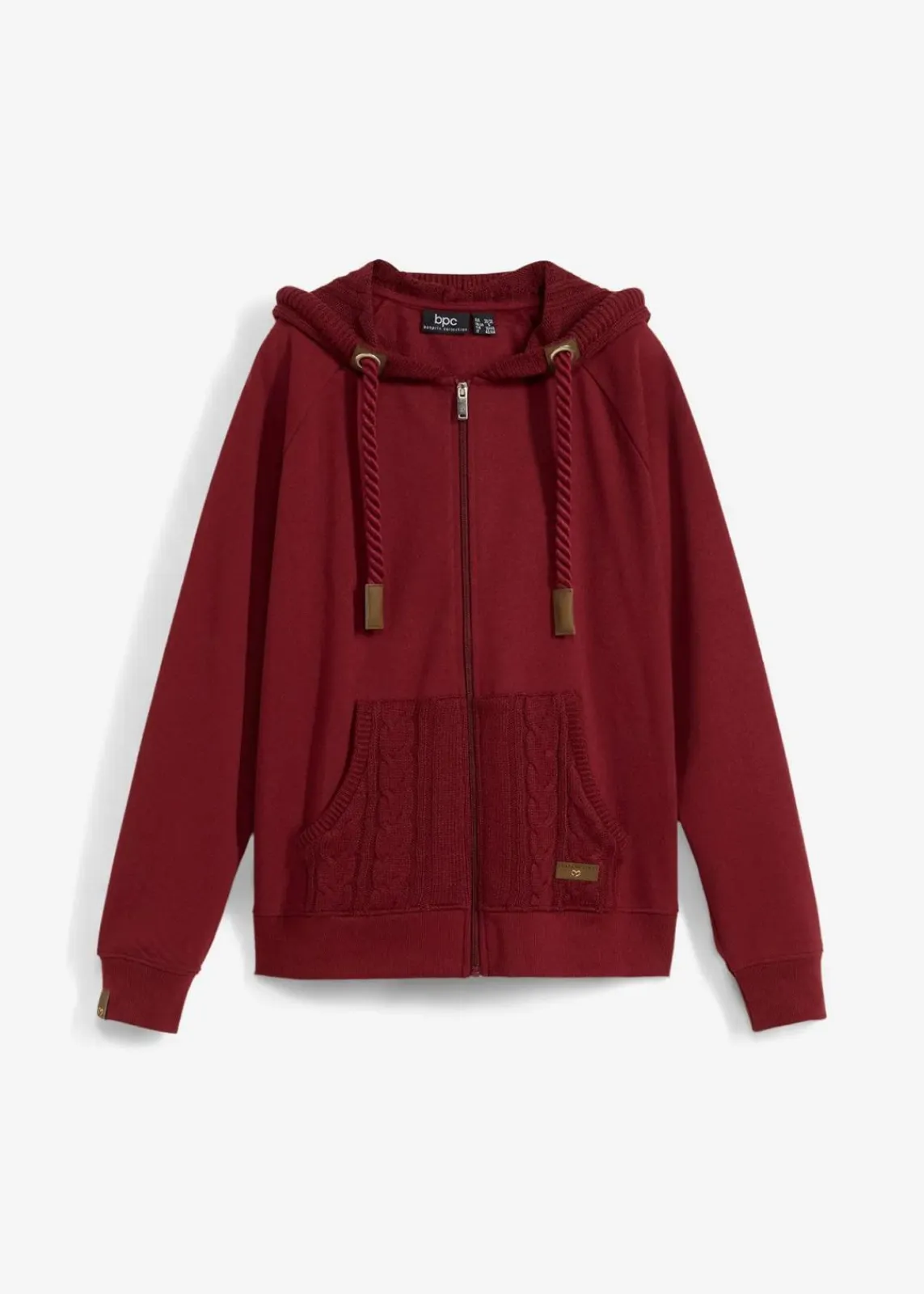 bonprix Sweat|Nachhaltigere Materialien^Sweatjacke mit Strickkapuze und Tasche rubinrot