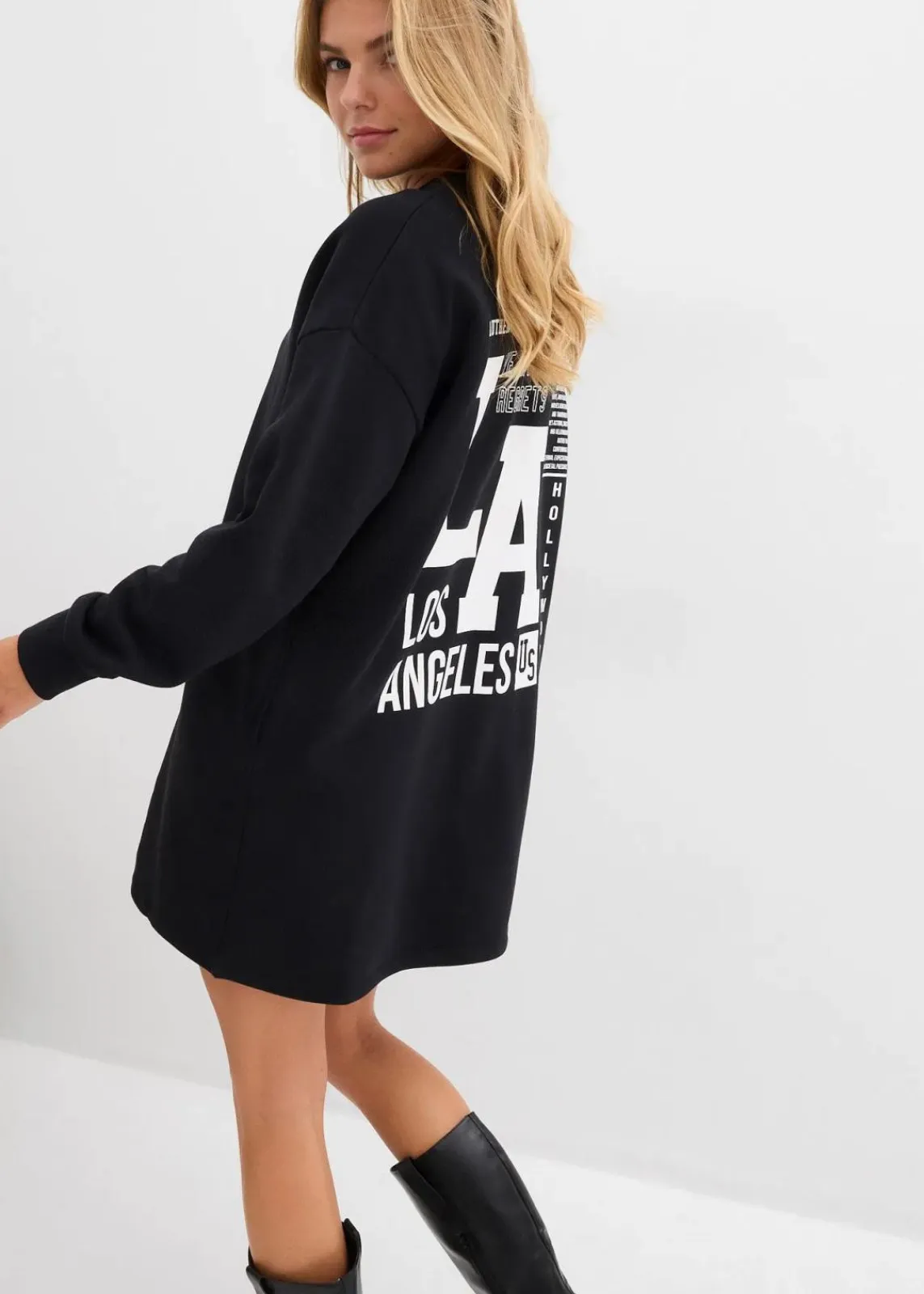 bonprix Sweat|Kleider^Sweatkleid aus reiner Baumwolle schwarz bedruckt