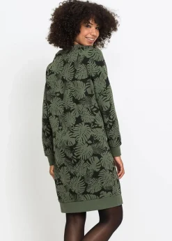 bonprix Bekleidung·Blusen & Tuniken|Bekleidung·Pullover & Strickjacken^Sweatkleid, bedruckt dunkeloliv/schwarz bedruckt