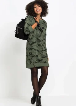 bonprix Bekleidung·Blusen & Tuniken|Bekleidung·Pullover & Strickjacken^Sweatkleid, bedruckt dunkeloliv/schwarz bedruckt