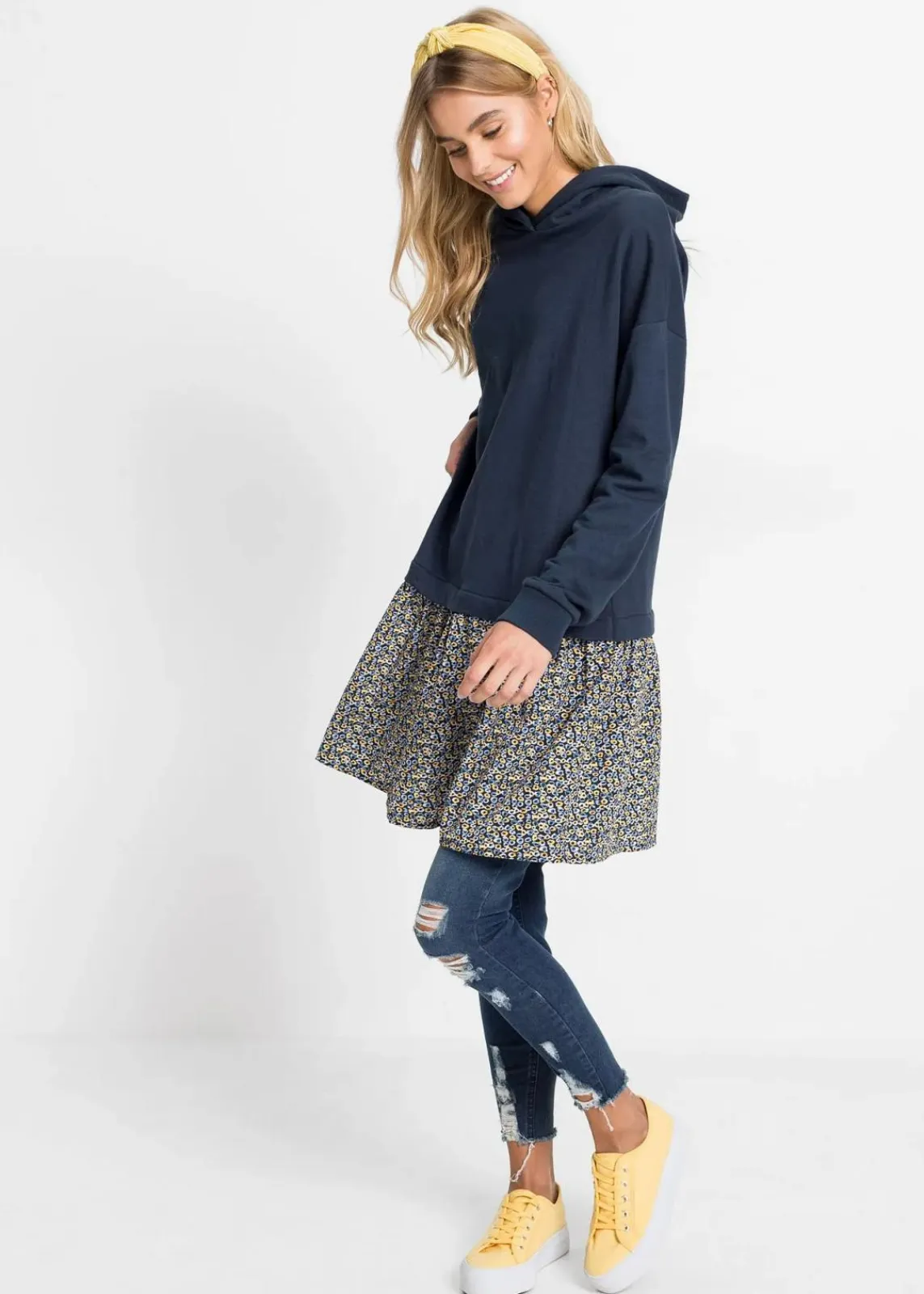 bonprix Sweat|Kleider^Sweatkleid in 2-in-1 Optik blau/gelb