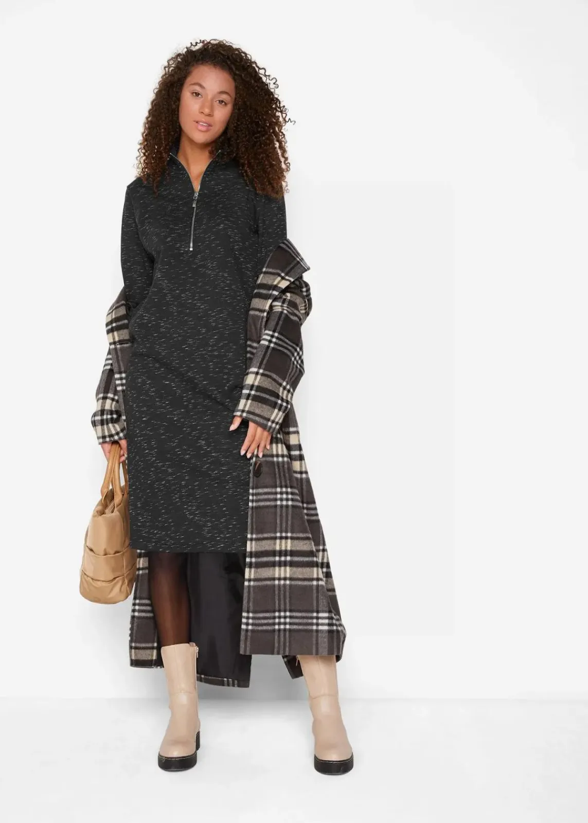 bonprix Kleider|Sweat^Sweatkleid mit Troyer schwarz