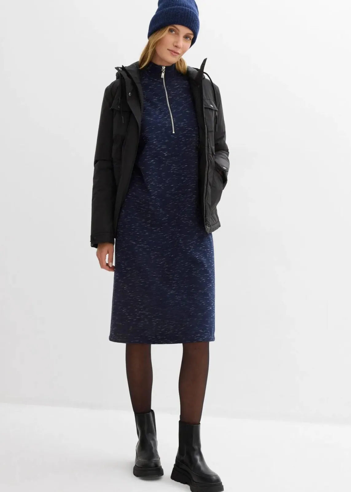 bonprix Kleider|Sweat^Sweatkleid mit Troyer dunkelblau