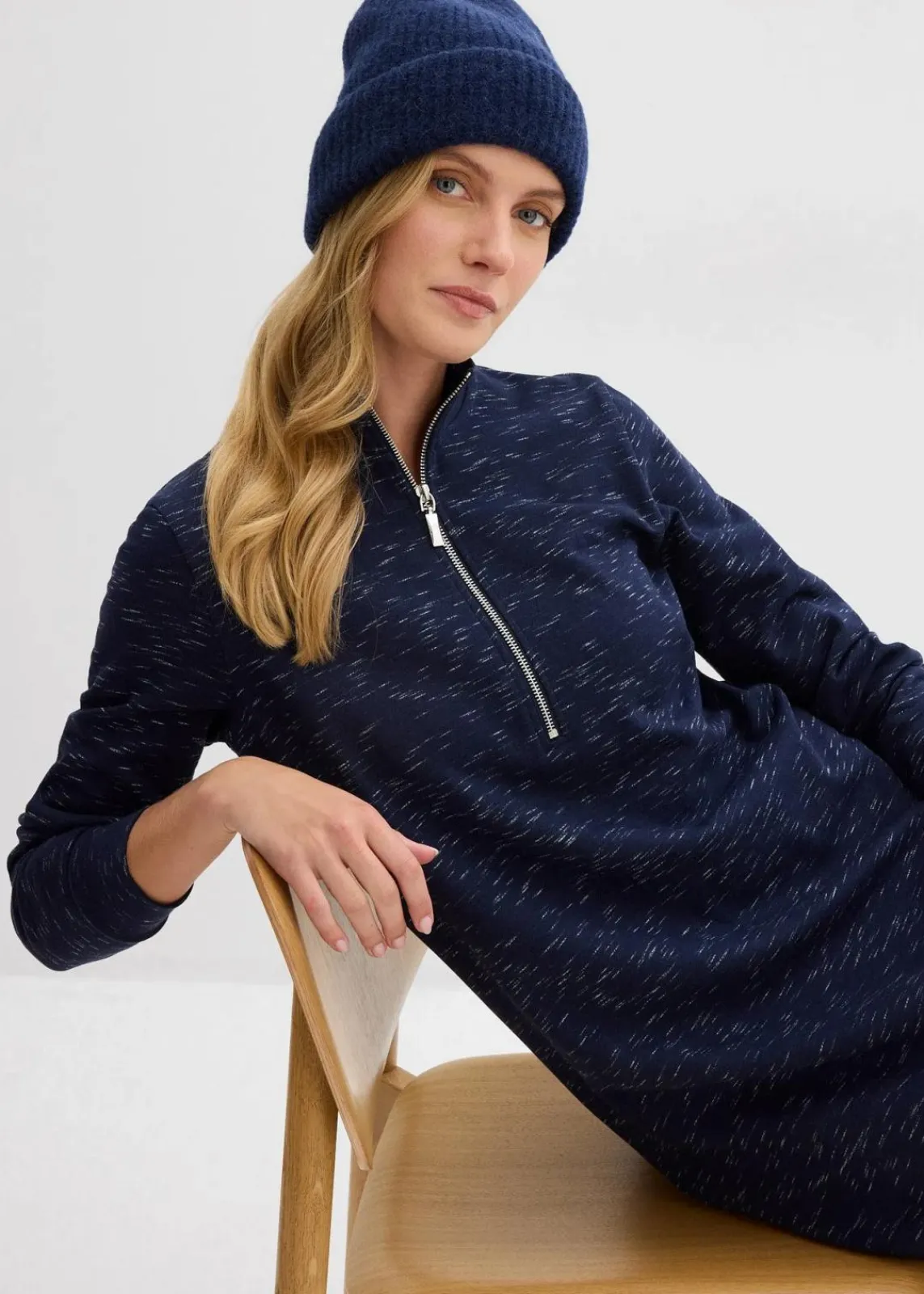 bonprix Kleider|Sweat^Sweatkleid mit Troyer dunkelblau
