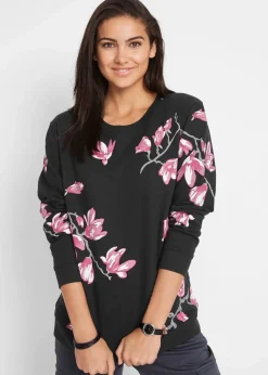 bonprix Bekleidung·Blusen & Tuniken|Sweat^Sweatshirt aus reiner Baumwolle, locker geschnitten schwarz geblümt
