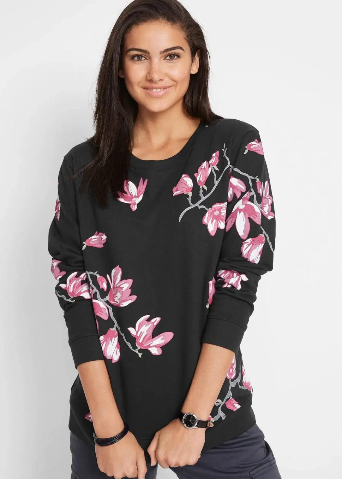 bonprix Bekleidung·Blusen & Tuniken|Sweat^Sweatshirt aus reiner Baumwolle, locker geschnitten schwarz geblümt