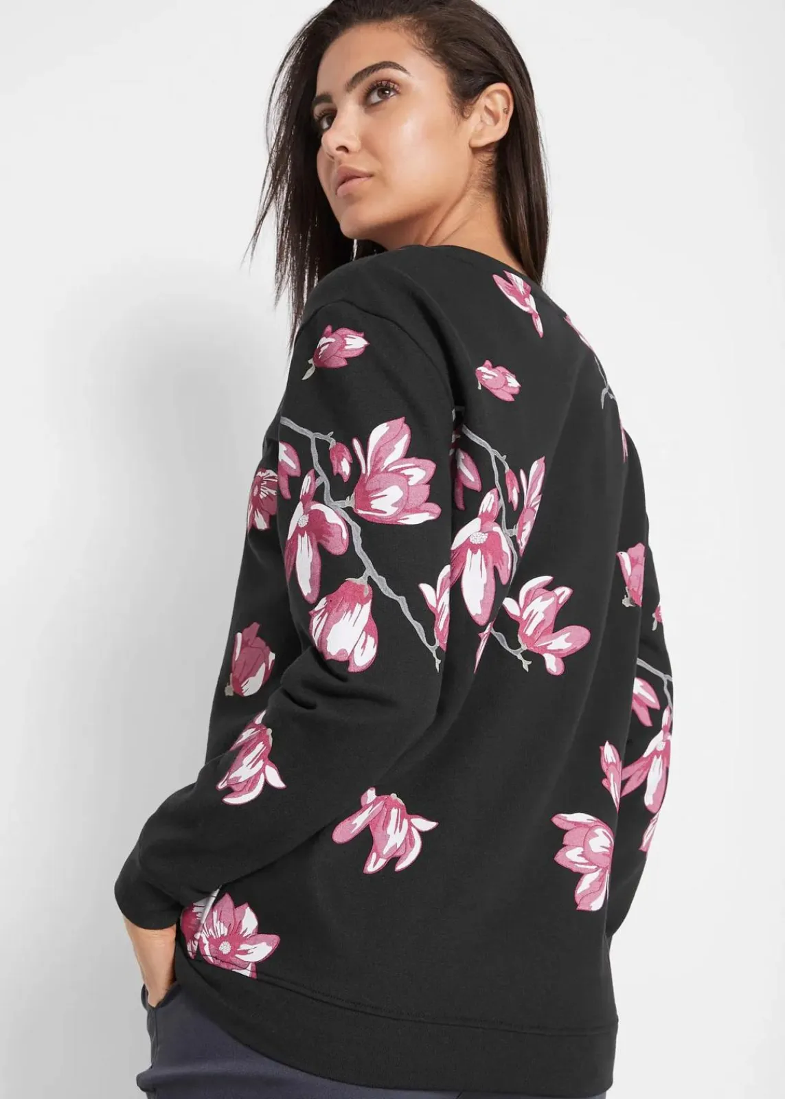 bonprix Bekleidung·Blusen & Tuniken|Sweat^Sweatshirt aus reiner Baumwolle, locker geschnitten schwarz geblümt