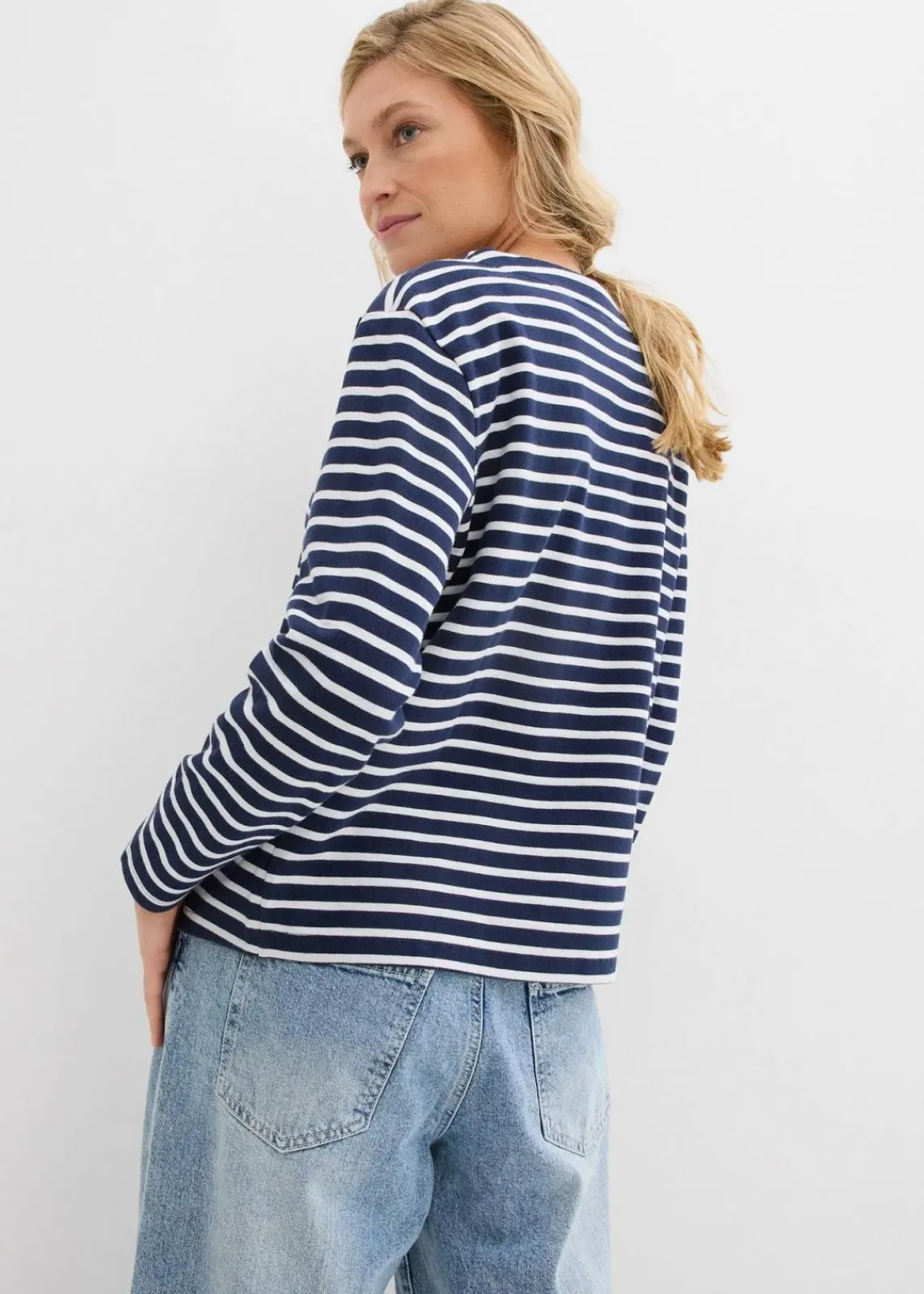 bonprix Sweat^Sweatshirt aus Strukturmaterial dunkelblau/weiß gestreift