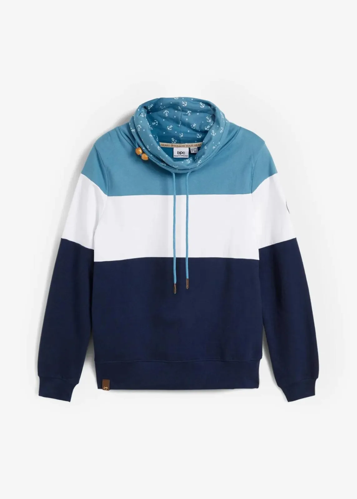 bonprix Bekleidung·Blusen & Tuniken|Sweat^Sweatshirt mit bedrucktem Kragen aus reiner Baumwolle matt blau/weiß/dunkelblau