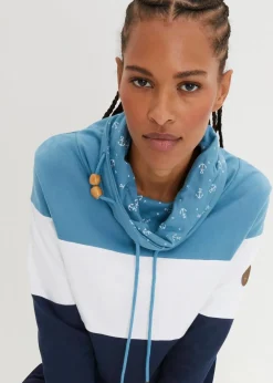 bonprix Bekleidung·Blusen & Tuniken|Sweat^Sweatshirt mit bedrucktem Kragen aus reiner Baumwolle matt blau/weiß/dunkelblau