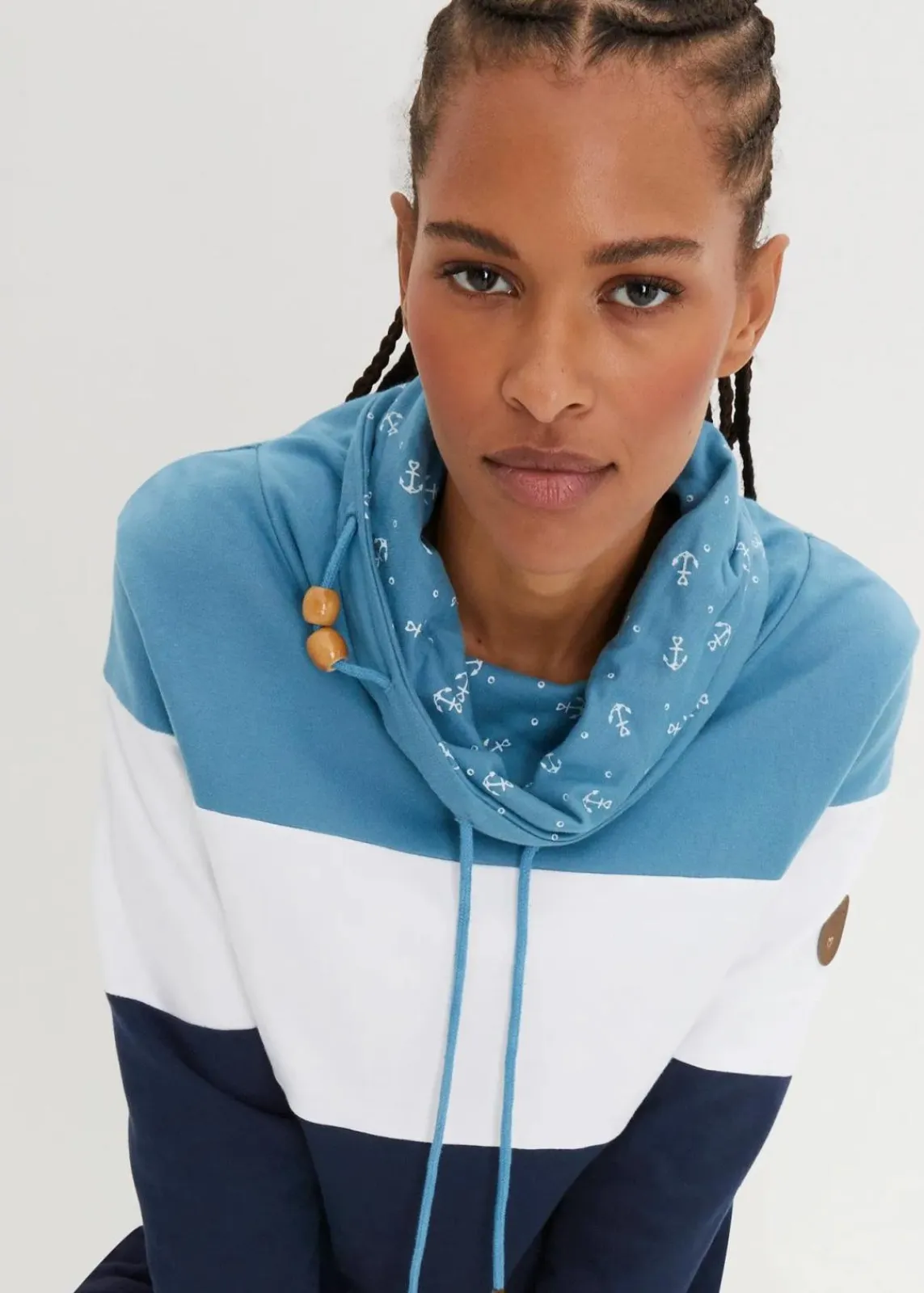 bonprix Bekleidung·Blusen & Tuniken|Sweat^Sweatshirt mit bedrucktem Kragen aus reiner Baumwolle matt blau/weiß/dunkelblau