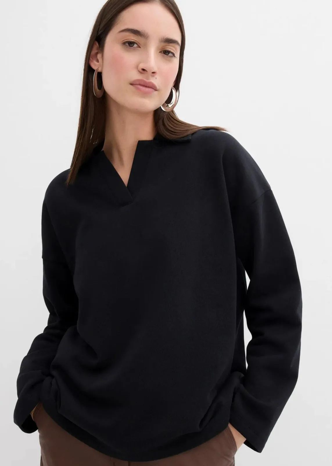 bonprix Sweat|Bekleidung·Blusen & Tuniken^Sweatshirt mit gestricktem Polokragen aus Bio-Baumwolle schwarz