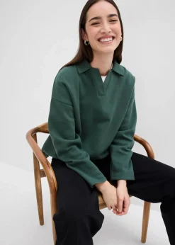 bonprix Bekleidung·Blusen & Tuniken|Sweat^Sweatshirt mit gestricktem Polokragen aus Bio-Baumwolle schattengrün