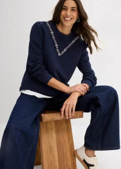 bonprix Sweat|Bekleidung·Blusen & Tuniken^Sweatshirt mit Stickerei aus Baumwoll-Mix dunkelblau