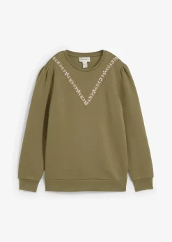 bonprix Bekleidung·Blusen & Tuniken|Sweat^Sweatshirt mit Stickerei aus Baumwoll-Mix oliv