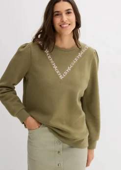 bonprix Bekleidung·Blusen & Tuniken|Sweat^Sweatshirt mit Stickerei aus Baumwoll-Mix oliv