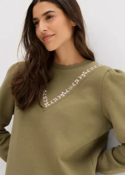 bonprix Bekleidung·Blusen & Tuniken|Sweat^Sweatshirt mit Stickerei aus Baumwoll-Mix oliv