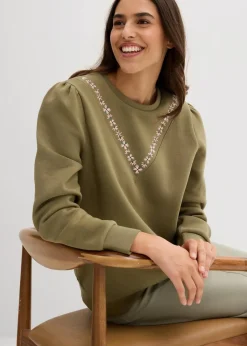 bonprix Bekleidung·Blusen & Tuniken|Sweat^Sweatshirt mit Stickerei aus Baumwoll-Mix oliv