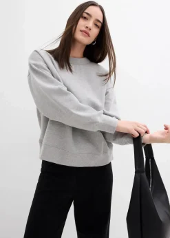 bonprix Bekleidung·Blusen & Tuniken|Sweat^Sweatshirt mit weitem Ripp-Kragen aus Bio-Baumwolle hellgrau meliert meliert