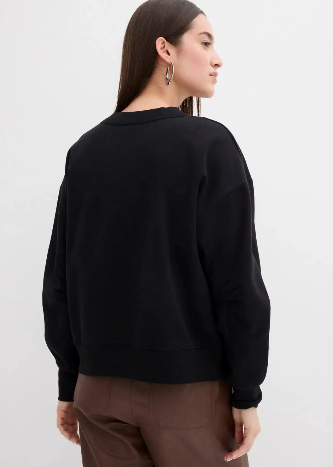 bonprix Sweat|Bekleidung·Blusen & Tuniken^Sweatshirt mit weitem Ripp-Kragen aus Bio-Baumwolle schwarz