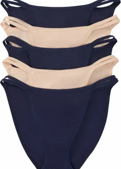 bonprix Höschen|Baumwollunterwäsche^Tanga Minislip mit Bio-Baumwolle (5er Pack) dunkelblau + mattbeige