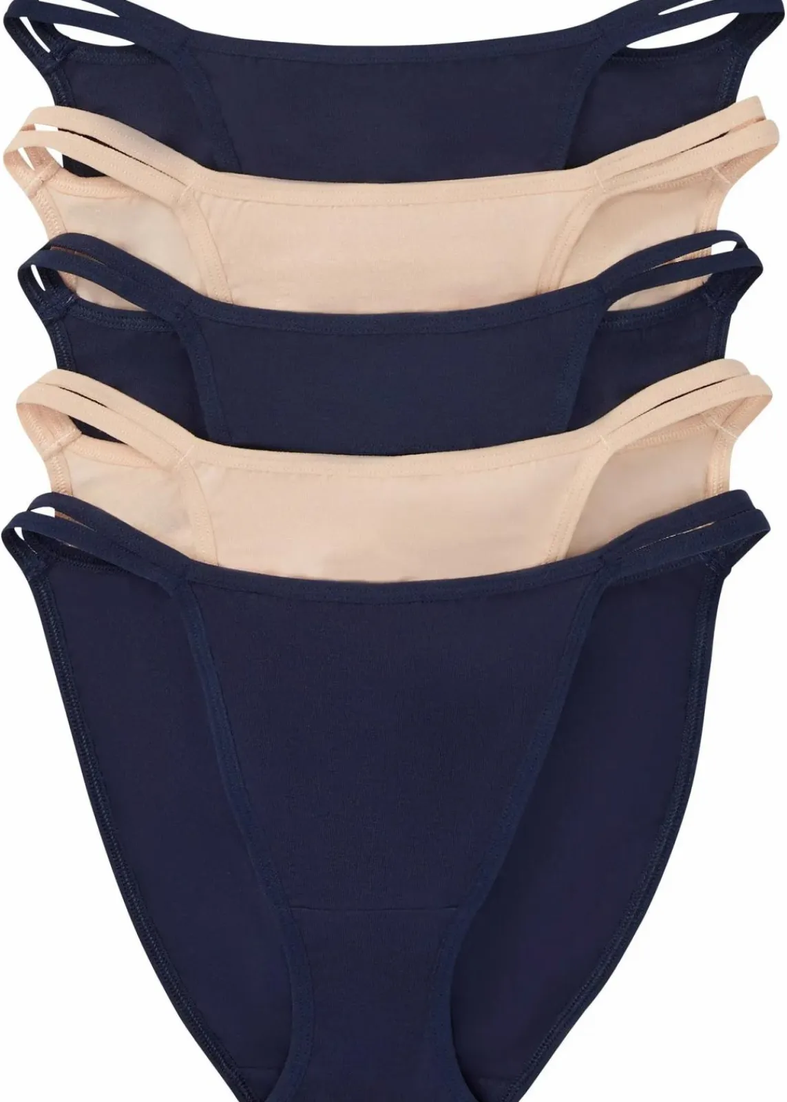 bonprix Höschen|Baumwollunterwäsche^Tanga Minislip mit Bio-Baumwolle (5er Pack) dunkelblau + mattbeige