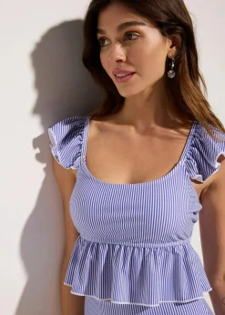 bonprix Nachhaltigere Materialien|Tankinis^Tankini mit Volant (2-tlg.Set) weiß/blau gestreift