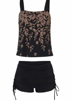 bonprix Nachhaltigere Materialien|Bedeckende Bademode^Tankini (2-tgl. Set) schwarz / taupe geblümt