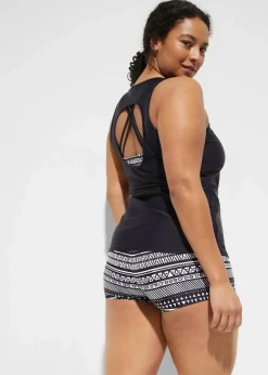 bonprix Nachhaltigere Materialien|Bedeckende Bademode^Tankini (3-tlg. Set) mit Bustier-Bikinioberteil schwarz/weiß bedruckt