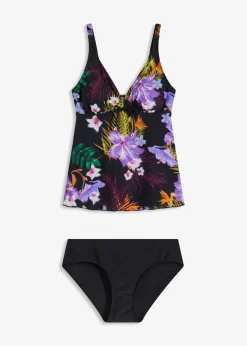 bonprix Nachhaltigere Materialien|Tankinis^Tankini (2-tlg.Set) mit V-Ausschnitt schwarz/lila geblümt