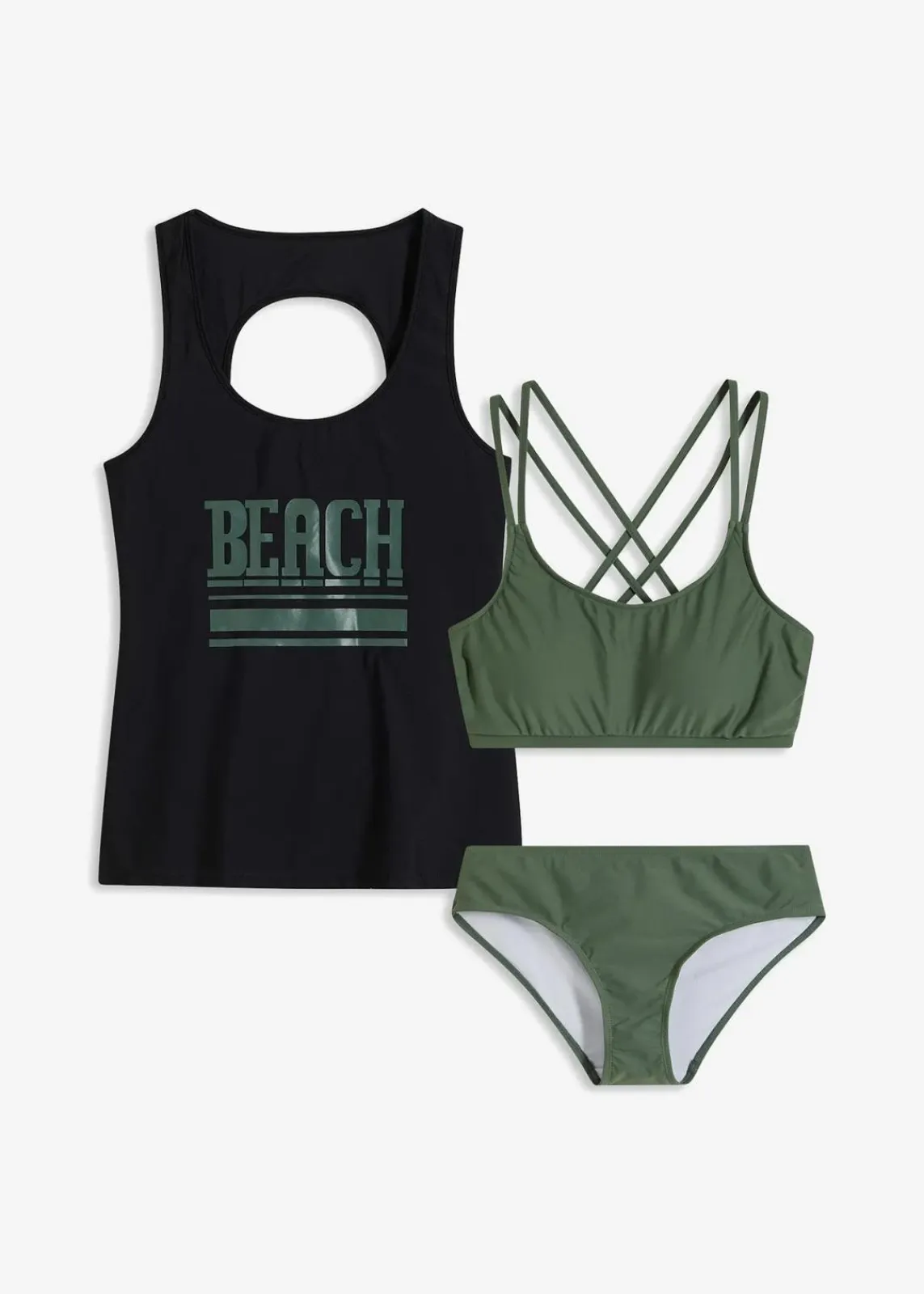 bonprix Sport Bademode|Tankinis^Tankini und Oberteil (3-tlg.Set) schwarz/oliv bedruckt
