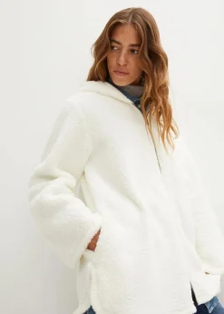 bonprix Jacken & Mäntel|Sweat^Teddy-Fleece Jacke in A-Linie mit Seitenschlitzen wollweiß