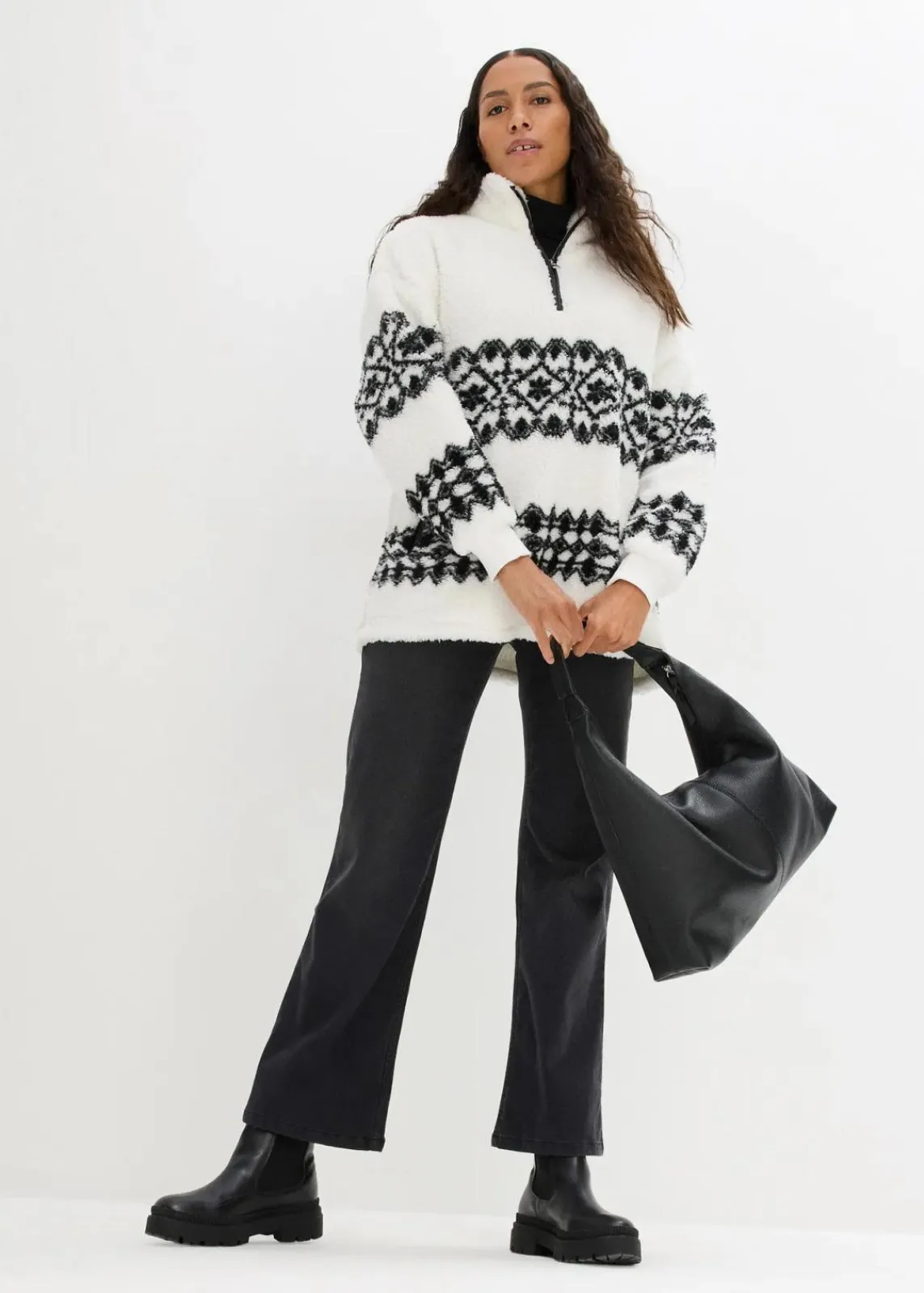 bonprix Bekleidung·Blusen & Tuniken|Sweat^Teddy-Fleeceshirt wollweiß/schwarz norwegermuster