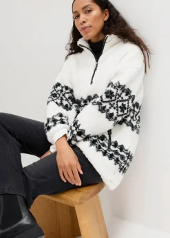 bonprix Bekleidung·Blusen & Tuniken|Sweat^Teddy-Fleeceshirt wollweiß/schwarz norwegermuster