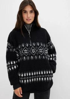 bonprix Sweat|Bekleidung·Blusen & Tuniken^Teddy-Fleeceshirt schwarz/wollweiß norwegermuster