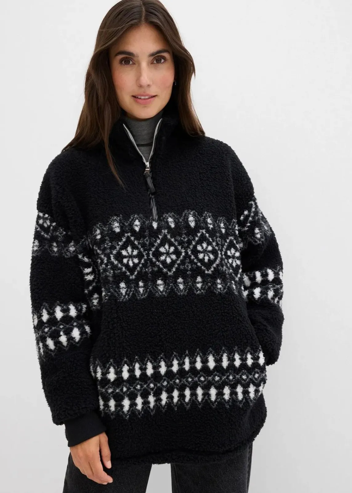 bonprix Sweat|Bekleidung·Blusen & Tuniken^Teddy-Fleeceshirt schwarz/wollweiß norwegermuster