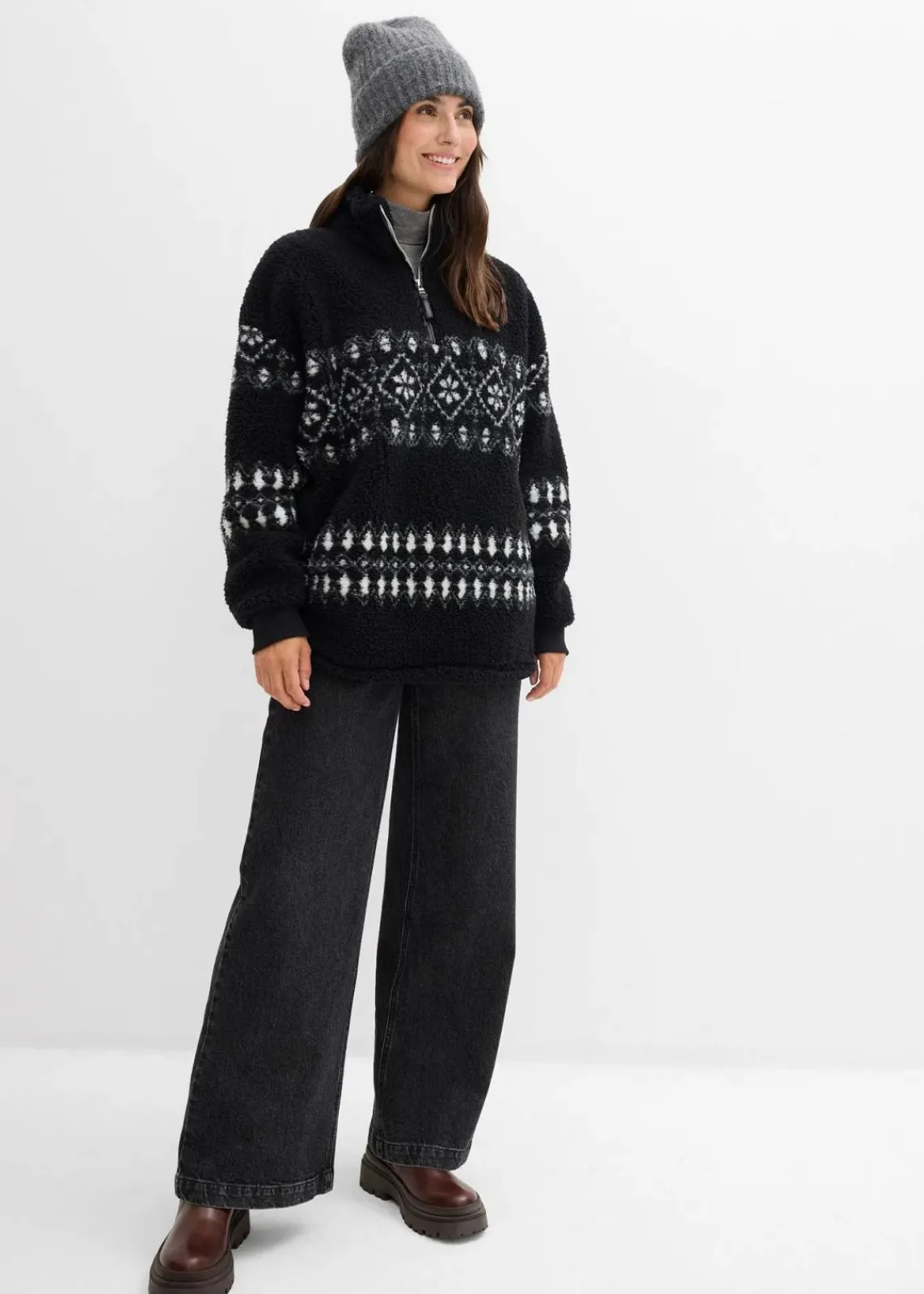 bonprix Sweat|Bekleidung·Blusen & Tuniken^Teddy-Fleeceshirt schwarz/wollweiß norwegermuster