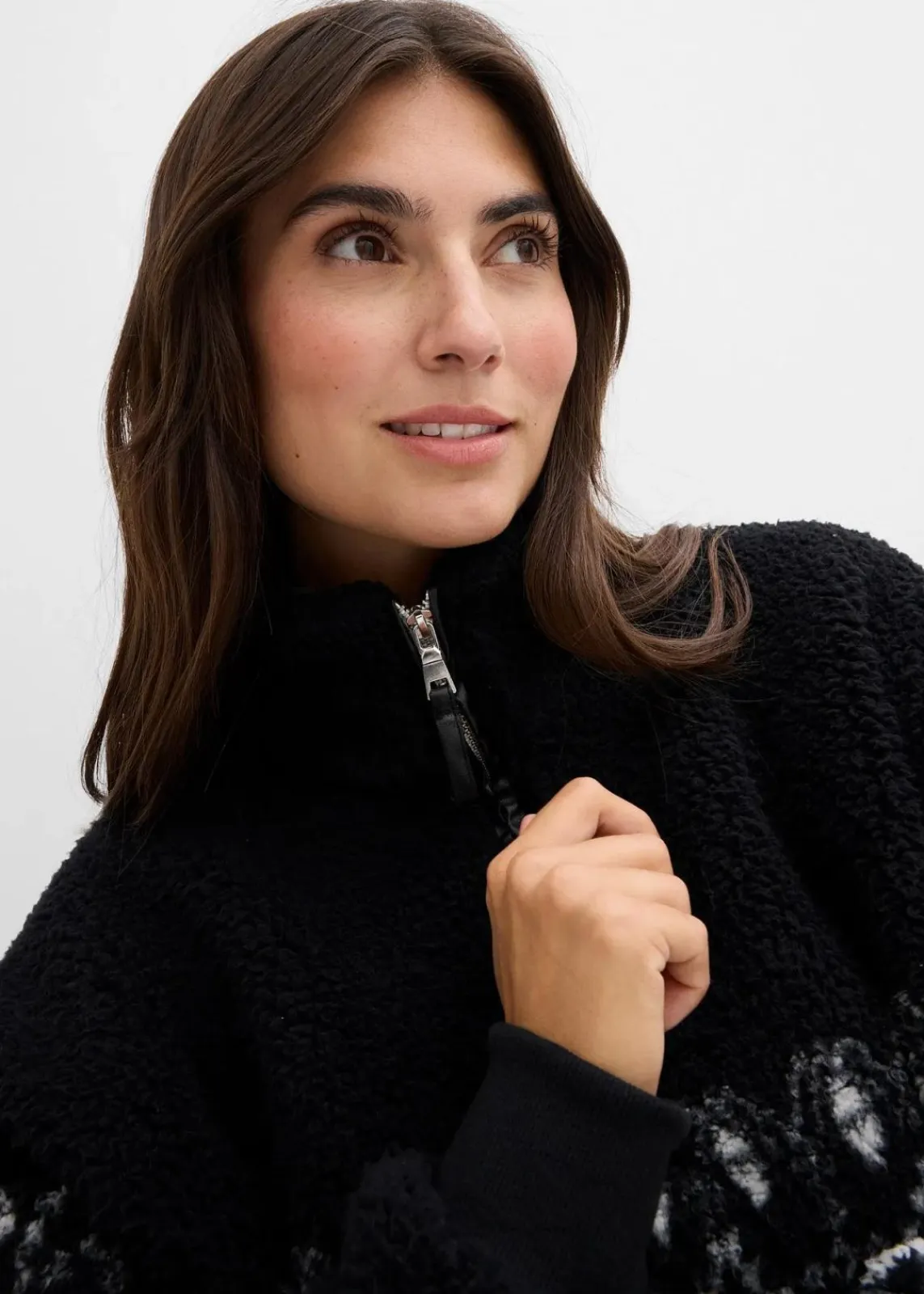 bonprix Sweat|Bekleidung·Blusen & Tuniken^Teddy-Fleeceshirt schwarz/wollweiß norwegermuster