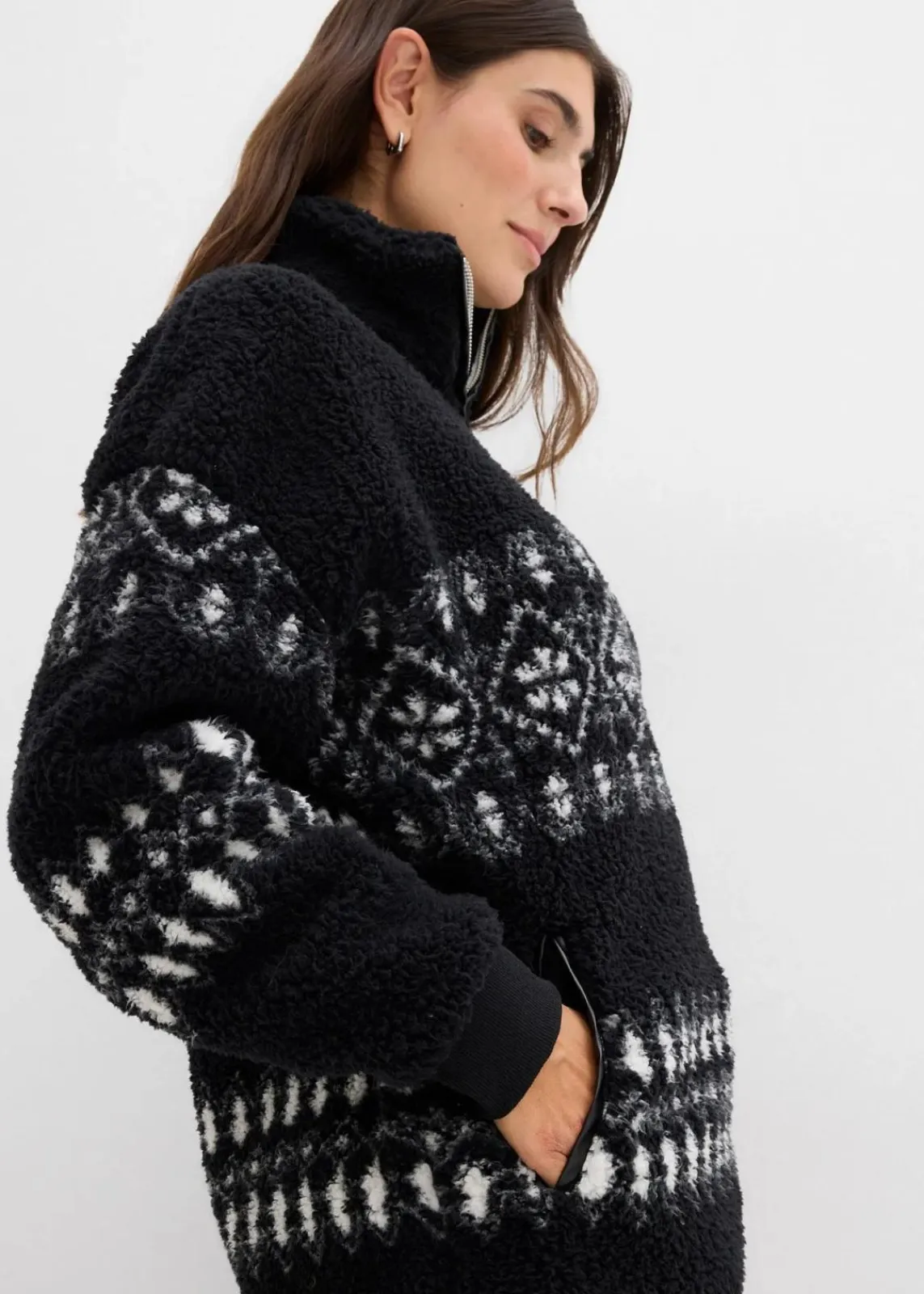 bonprix Sweat|Bekleidung·Blusen & Tuniken^Teddy-Fleeceshirt schwarz/wollweiß norwegermuster
