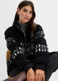 bonprix Sweat|Bekleidung·Blusen & Tuniken^Teddy-Fleeceshirt schwarz/wollweiß norwegermuster