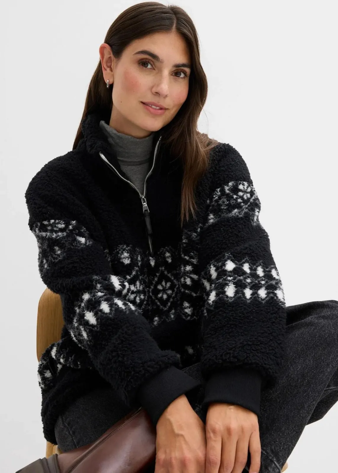 bonprix Sweat|Bekleidung·Blusen & Tuniken^Teddy-Fleeceshirt schwarz/wollweiß norwegermuster