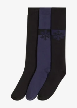 bonprix Nachhaltigere Materialien|Socken & Strumpfhosen^Thermo Kniestrümpfe mit weichem Innenfrottee mit Bio-Baumwolle (3er Pack) schwarz + schwarz bedruckt + dunkelblau bedruckt