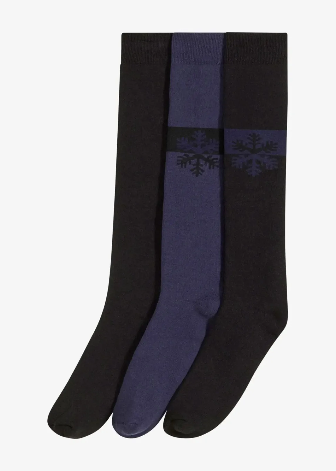 bonprix Nachhaltigere Materialien|Socken & Strumpfhosen^Thermo Kniestrümpfe mit weichem Innenfrottee mit Bio-Baumwolle (3er Pack) schwarz + schwarz bedruckt + dunkelblau bedruckt